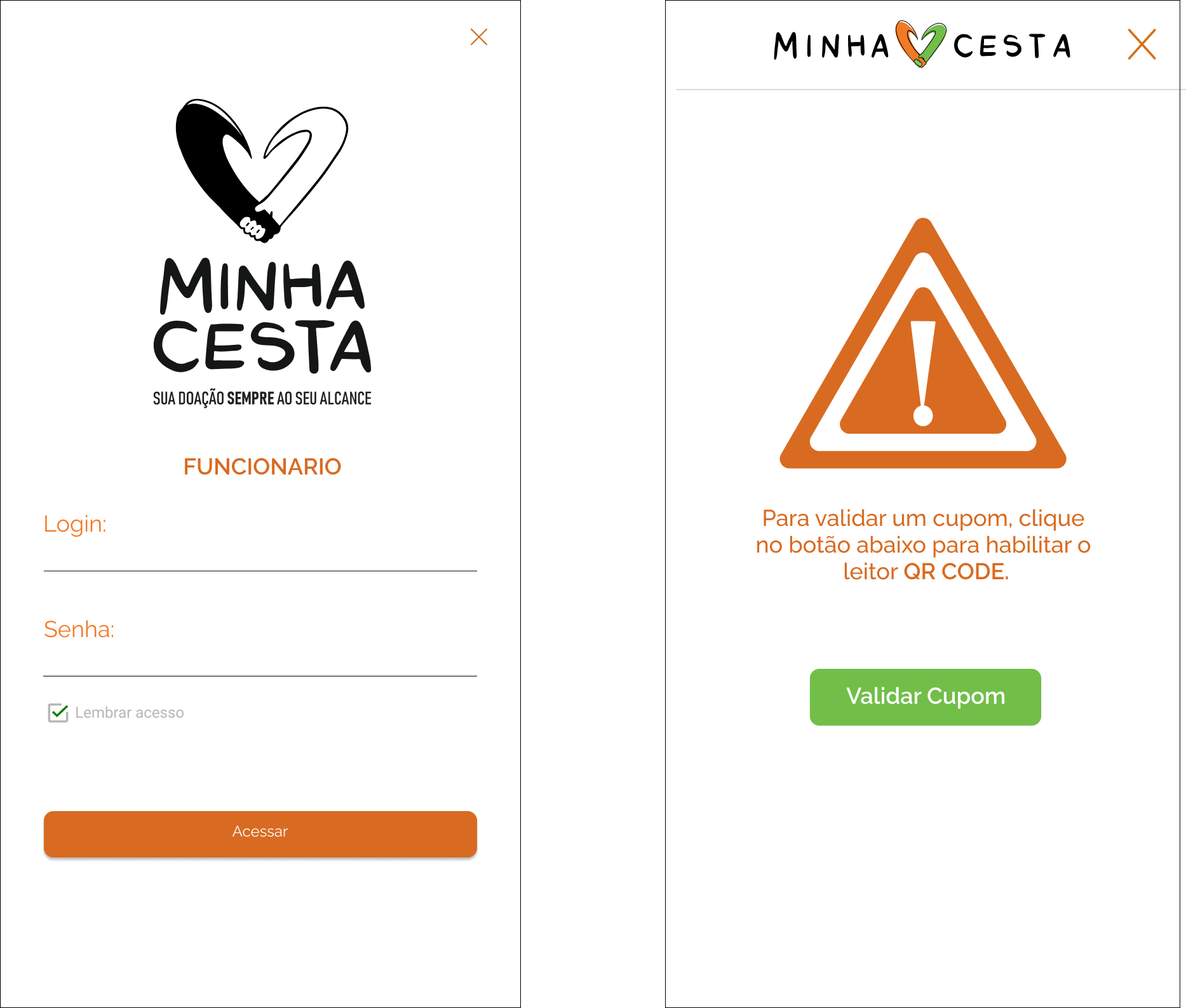 Captura de tela do app MinhaCesta Funcionário, sistema Android de gestão de rotas de entrega e controle de estoque