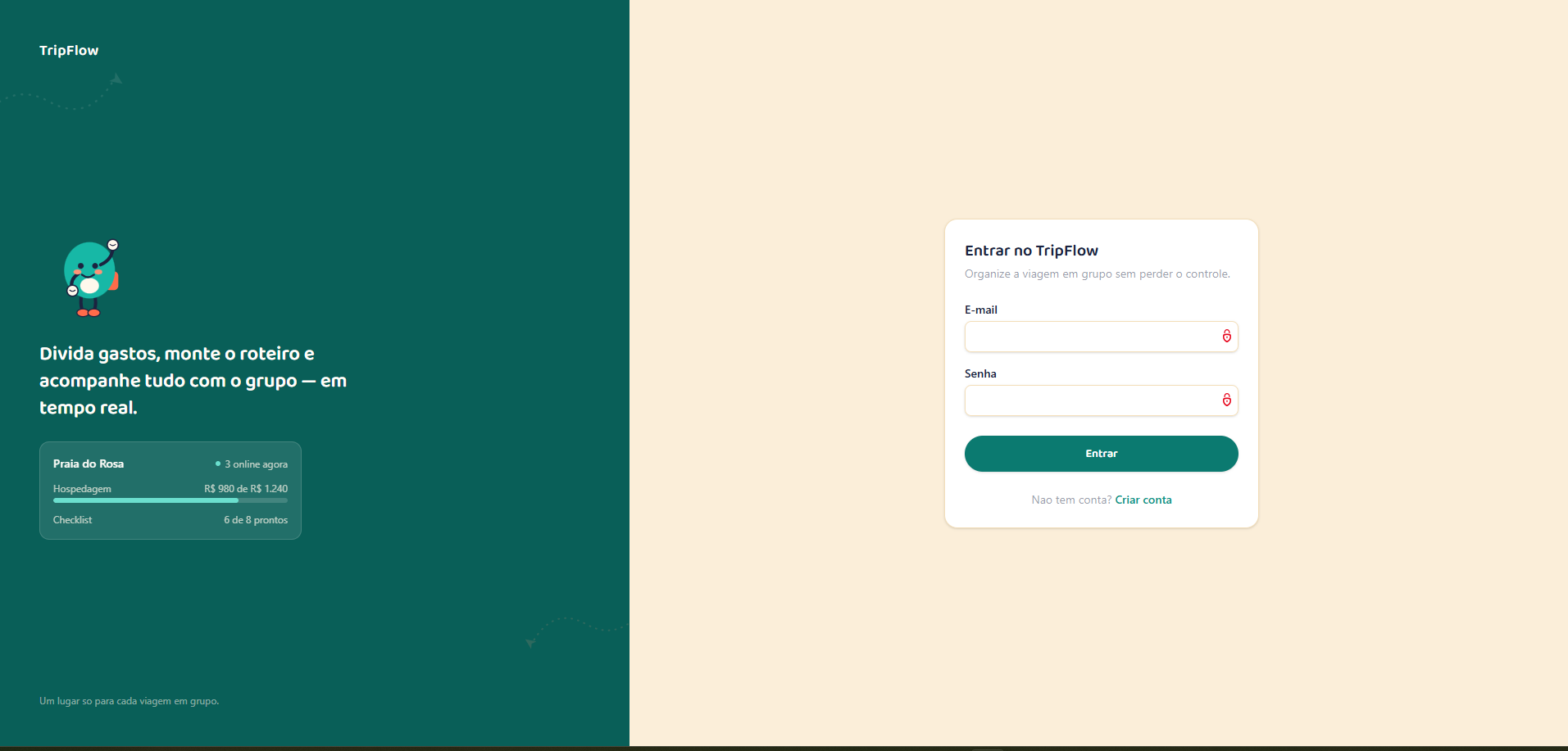Tela de login do TripFlow, com a identidade visual e o mascote do app